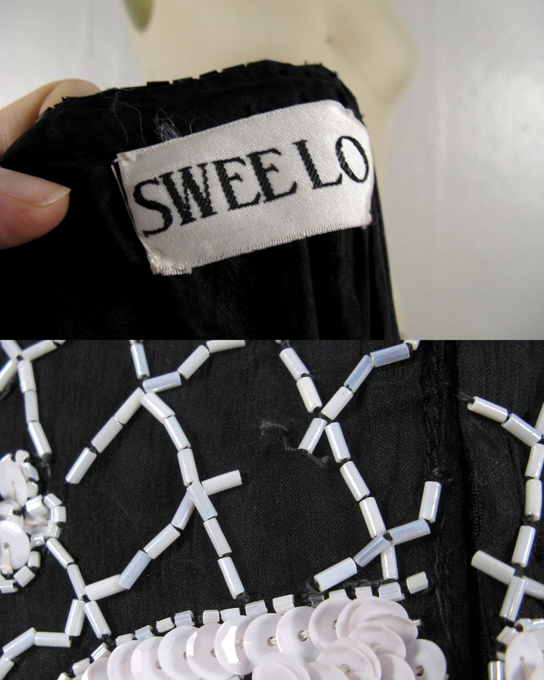 Vintage 1980s Black and White Beaded Silk Dress by Sweelo Size M image 9