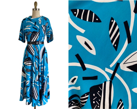 Vintage 1980s Blue 2 Piece Abstract Rayon Fish Pr… - image 1