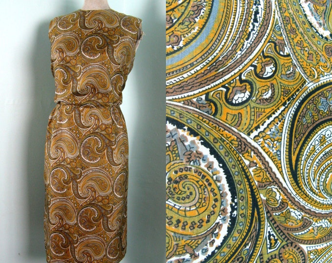 Vintage 60s Olive Green Paisley Sheath Dress S