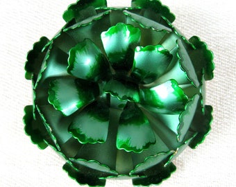 Vintage 1960s Green Flower Brooch 60s Metallic Tin Enamel Pin