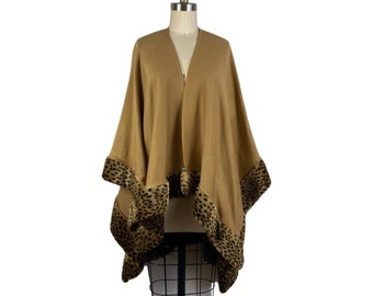 Vintage 1990s Beige Knit Shawl with Faux Leopard Trim by Richard James | One Size