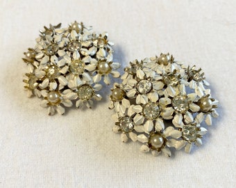 Vintage 1950's Tin Enamel and Rhinestone Flower Earrings