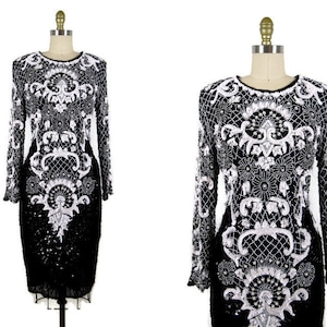 Vintage 1980s Black and White Beaded Silk Dress by Sweelo Size M image 1