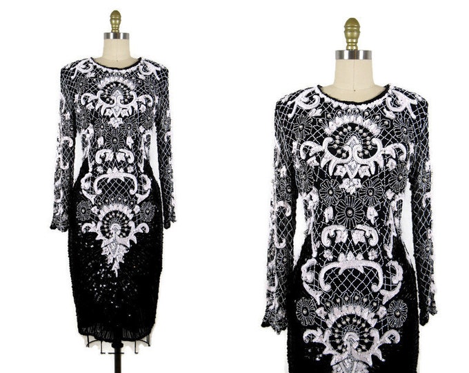 Vintage 1980s Black and White Beaded Silk Dress by Sweelo Size M