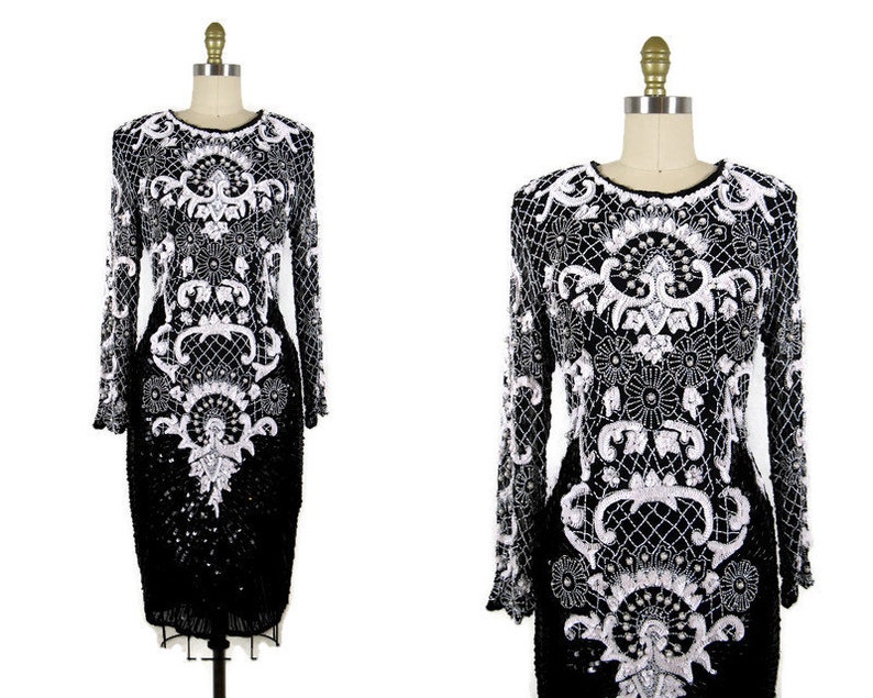 Vintage 1980s Black and White Beaded Silk Dress by Sweelo Size M image 1