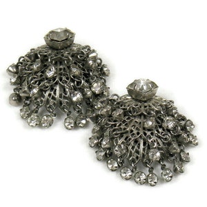 Vintage 1950&#39;s Silver Metal Rhinestone Tassel Clip Earrings