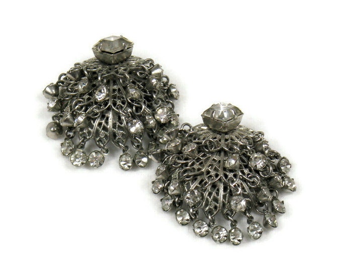 Vintage 1950's Silver Metal Rhinestone Tassel Clip Earrings