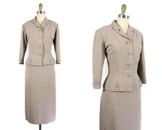 Vintage 1950s Fitted Beige Wool Suit by Leslie Fay