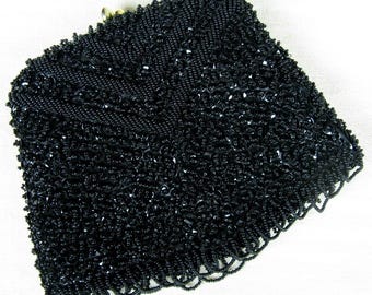 Elegant Vintage Handmade Black Beaded Evening Clutch with Fringe and Chain - Made in Hong Kong