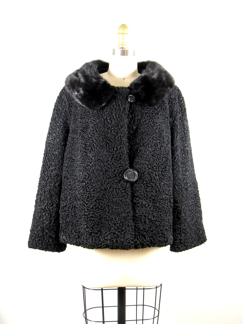 Vintage 1950s Black Astrakhan Fur Coat with Black Rolled Mink Collar Size M