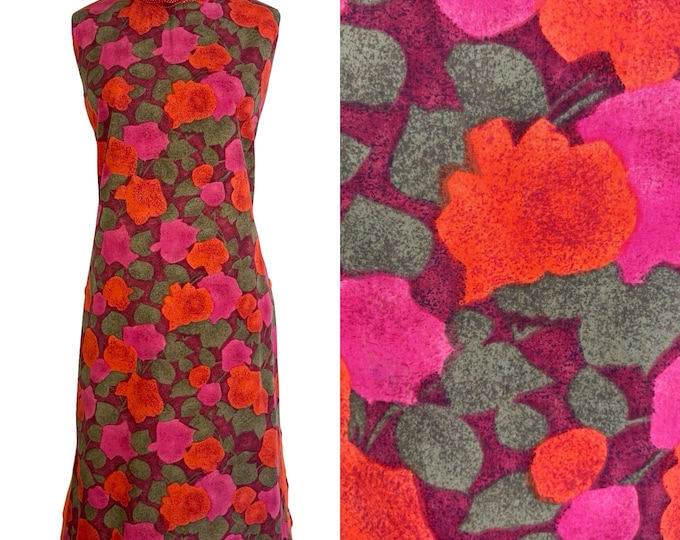 Vintage 1960's Pink Green & Orange Floral Cotton Shift Dress by Diane's Honolulu | Size M