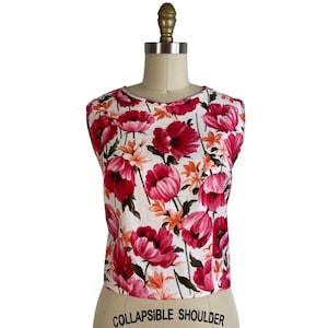 Vintage 1960s Cotton Sateen Blouse in a Pink Field Poppy Print | Size S