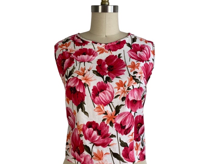 Vintage 1960s Cotton Sateen Blouse in a Pink Field Poppy Print | Size S