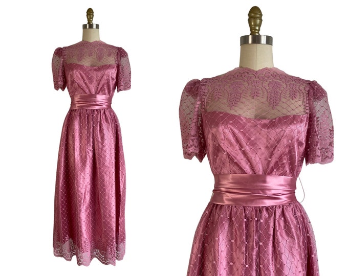 Vintage 1980s Pink Lace and Satin Formal Dress with Big Bow Size S/M