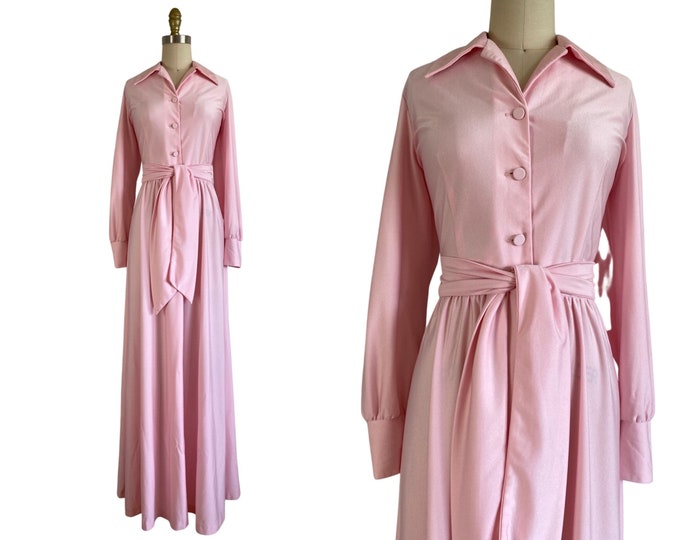 Vintage 1970s Sugary Sweet Pink Silky Knit Hostess Dress Size M