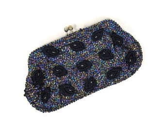 Vintage 1950s Iridescent Beaded Sequin Clutch with Wrist Chain by Walborg