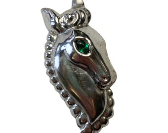 Vintage 1940s Silver Tone Horse Head Brooch Pin with Green Eye