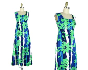 Vintage 1960s Cotton Hawaiian Dress 60s Bold Print Maxi Dress Size XS
