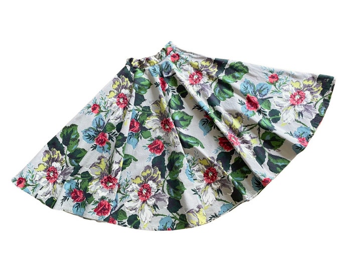 Vintage 1950s Cotton Barkcloth Floral Circle Skirt by Sherry Lynn Size S
