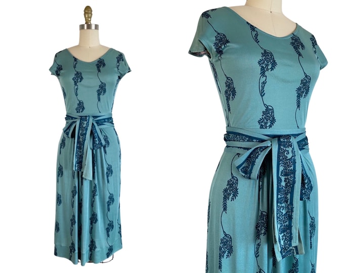 Vintage 1970s Teal Green Jersey Wrap Skirt and Top Set by Mysa Made In Italy | Size XS