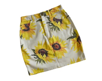 Vintage 1990s Cotton Denim Sunflower Print Mini Skirt | Size M