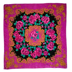 Vintage 1990s Vibrant Pink Floral Print Silk Scarf by Adrianna Papell image 1