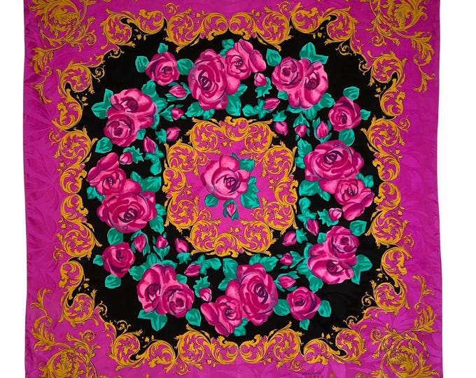 Vintage 1990s Vibrant Pink Floral Print Silk Scarf by Adrianna Papell