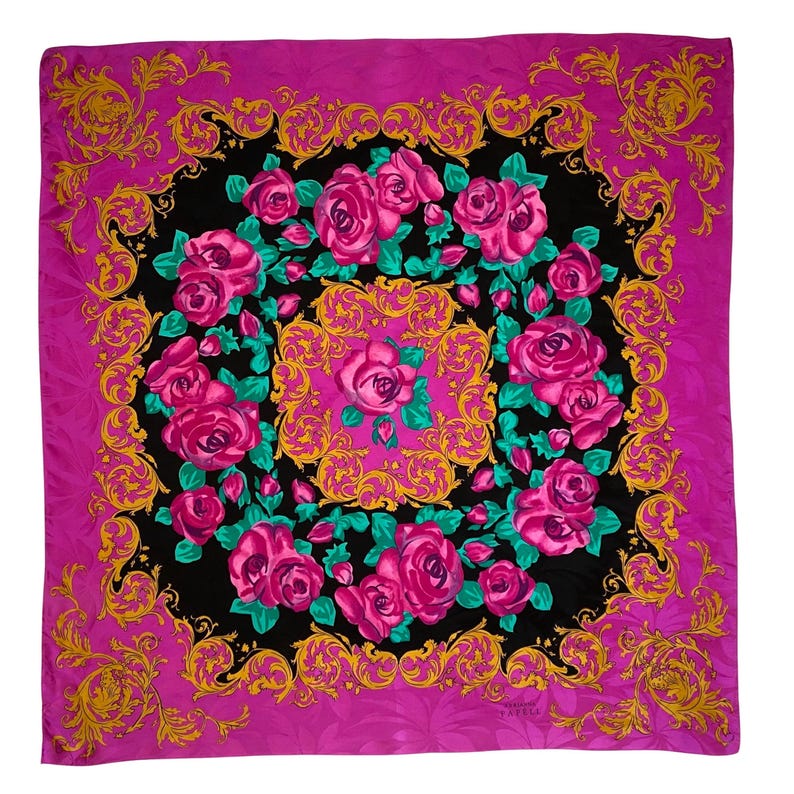 Vintage 1990s Vibrant Pink Floral Print Silk Scarf by Adrianna Papell image 1