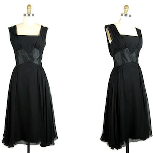 Vintage 1950s Black Silk Chiffon Dress 50s Glamorous Marilyn Style Cocktail Dress Full Skirt Size 8M 28W