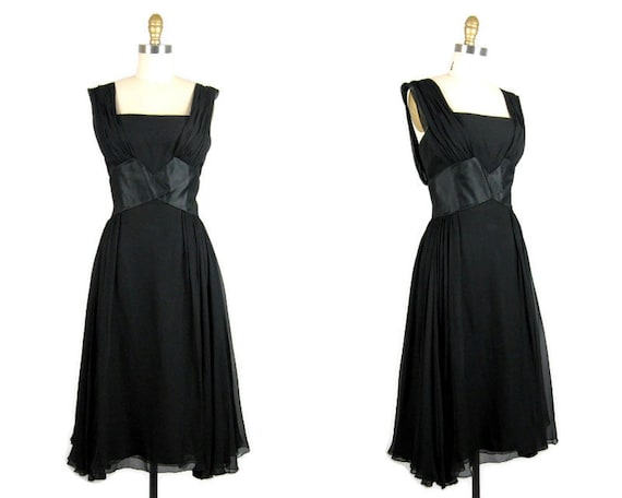 Vintage 1950s Black Silk Chiffon Dress 50s Glamor… - image 1