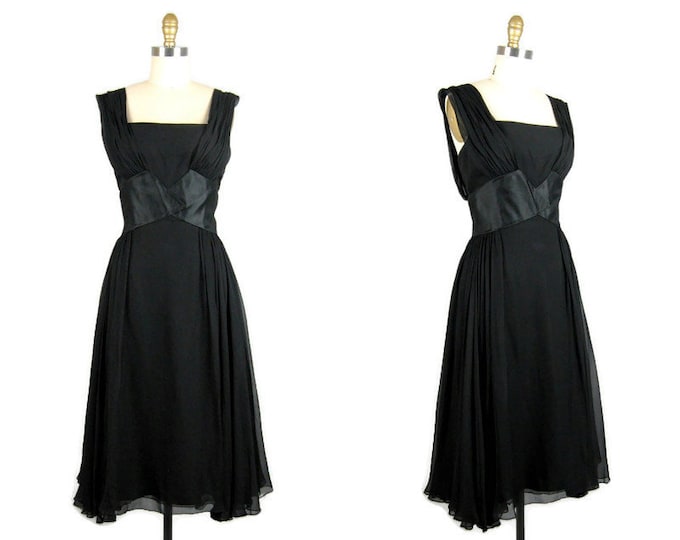 Vintage 1950s Black Silk Chiffon Dress 50s Glamorous Marilyn Style Cocktail Dress Full Skirt Size 8M 28W