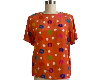 Vintage 1980s Peach Silk Blouse with Colorful Dots by TESS | Size M