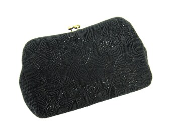 Vintage 1950s Black Beaded Evening Clutch: Rhinestone Clasp, Silver Chain