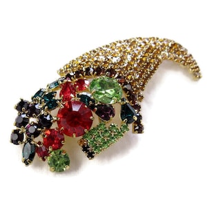 Vintage 1950s Colorful Rhinestone Cornucopia Brooch