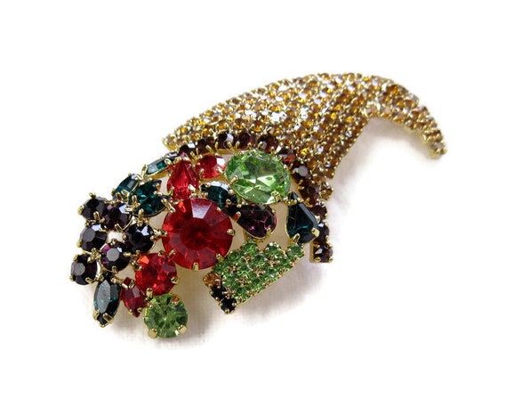 Vintage 1950s Colorful Rhinestone Cornucopia Broo… - image 1