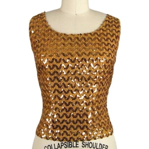 Vintage 1960s Gold Sequin Shell Top 60s Sparkling Sleeveless Evening Blouse Size Small