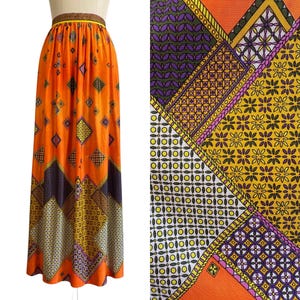 Gonna lunga vintage anni '70 arancione con stampa patchwork di Najla / Taglia S