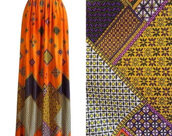 Vintage 1970s Orange Patchwork Print Maxi Skirt by Najla | Size S