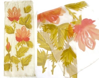 Vintage 1960s Sheer Silk Painted Print Floral Neck Scarf