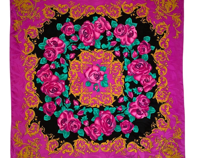 Vintage 1990s Vibrant Pink Floral Print Silk Scarf by Adrianna Papell