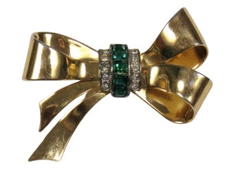 Vintage 1940s Gold Bow Brooch Pin by CORO with Rhinestone Center