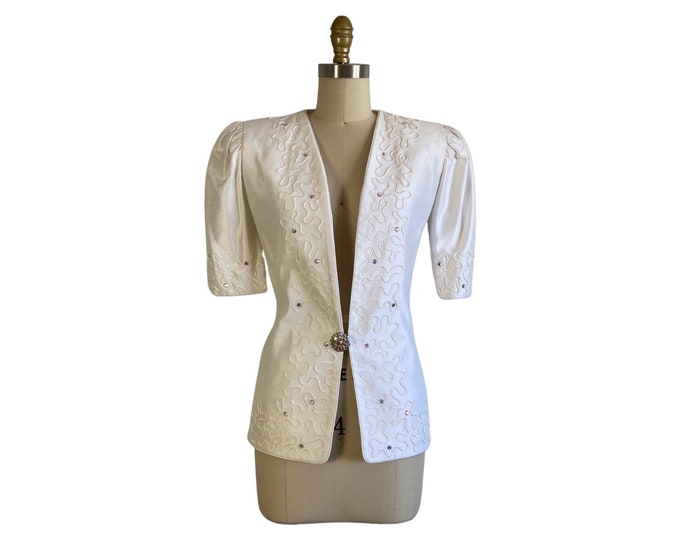 Vintage 1980s White Puff Sleeve Blazer with Glittering Rhinestones Size M