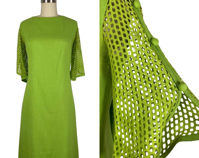 Vintage 1960s Lichen Green Shift Dress with Lattice Bell Sleeves by Pixie | Size M