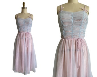 Vintage 1950s Sheer Pink and Blue Nightie Size S