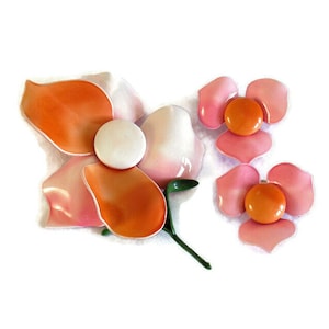 Vintage 1960s Pink and Orange Plastic Enamel Brooch and Earrings Set