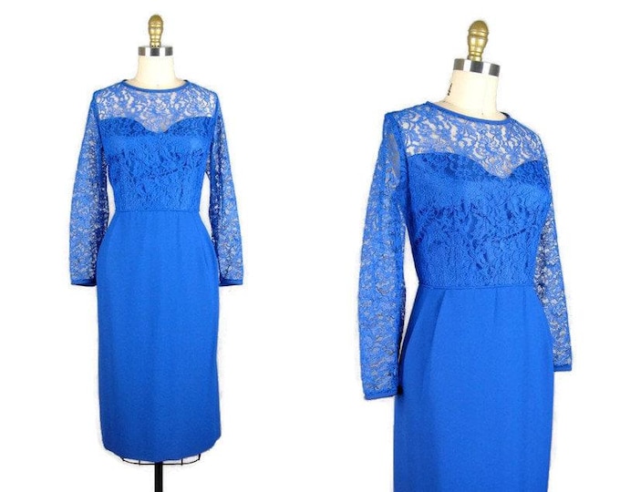 Vintage 1950s Dress 50s Cobalt Blue Rayon Lace Top Cocktail Dress Size 8/10 M 30W