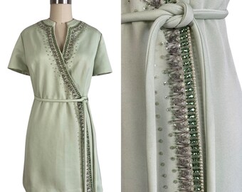 Vintage 1960s Mint Green Tunic with Rhinestone Trim and Tie Belt | Size M