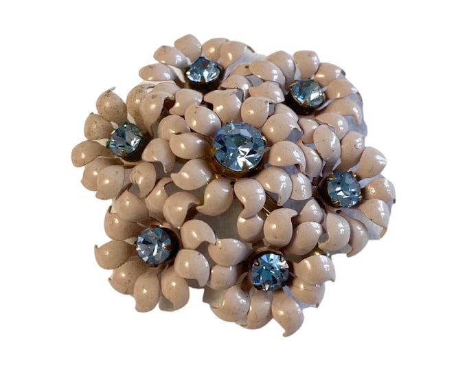 Vintage 1950s Pink Tin Enamel Flower Brooch with Blue Rhinestones