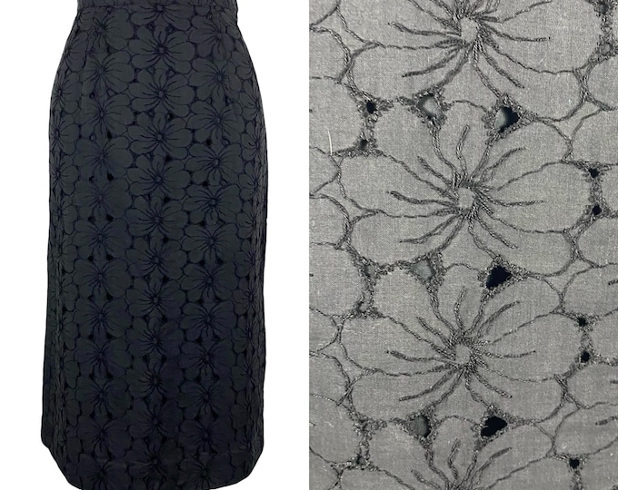 Vintage 1950's Black Cotton Lace Flower Eyelet Pencil Skirt | Size M