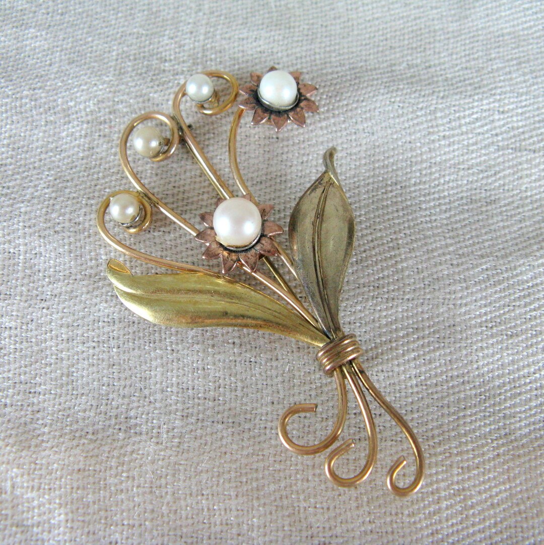 Vintage 1940s Floral Brooch With Pearls 40s Bouquet Brooch 1/20 12k GF ...